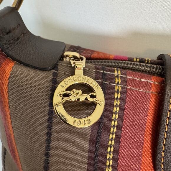 Longchamp Women’s Shoulder Bag Canvas Brown Gold Striped Tote Purse France Rare - Picture 7 of 12